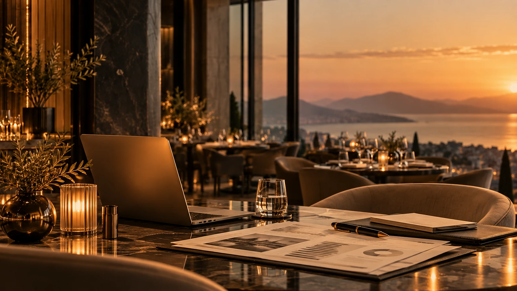 A restaurant with lake views and tables set in warm evening light