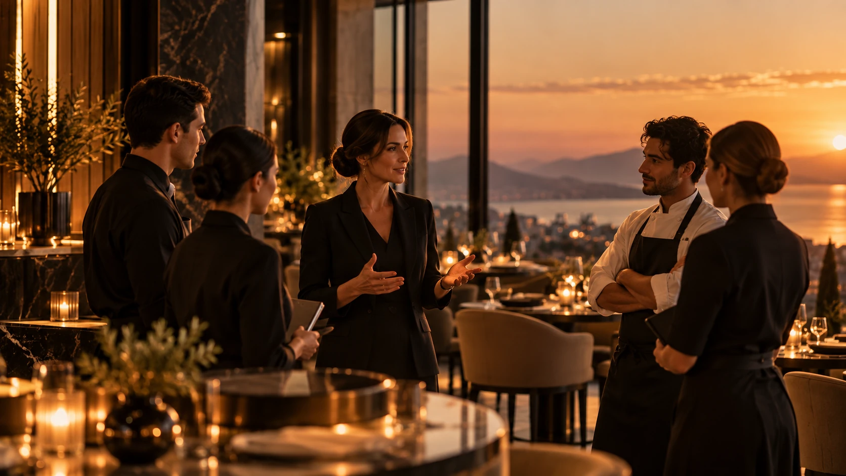 A team briefing together in a restaurant in evening light