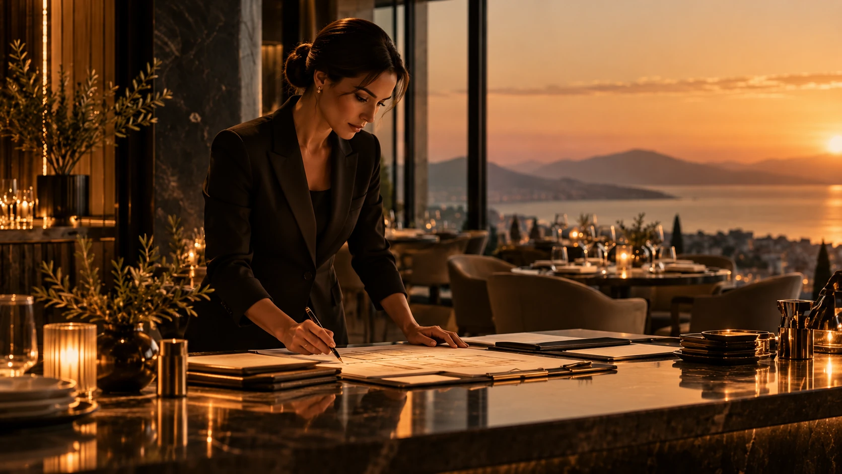 Restaurant planning documents in an elegant dining room in evening light